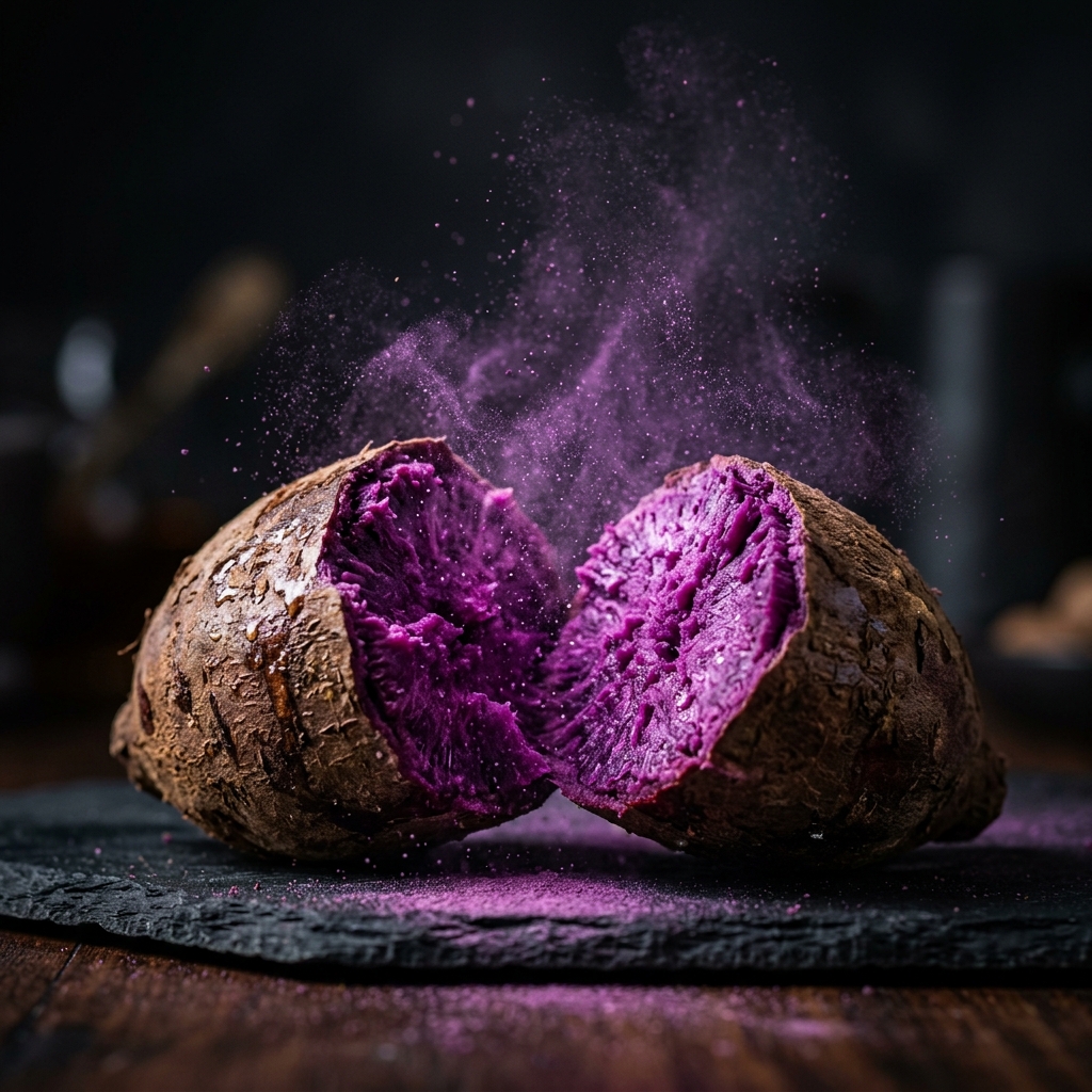 Ñame morado filipino (UBE) crudo, revelando su intenso color interior
